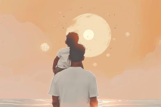 A man is holding a child on his shoulders while looking out at the ocean. Concept of warmth and love between the father and child