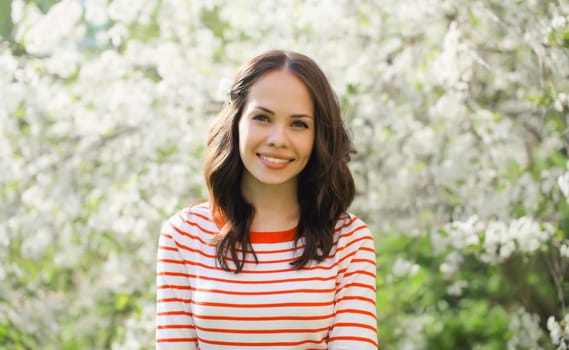 Portrait of lovely happy smiling young woman in spring blooming garden with white flowers on the trees in park