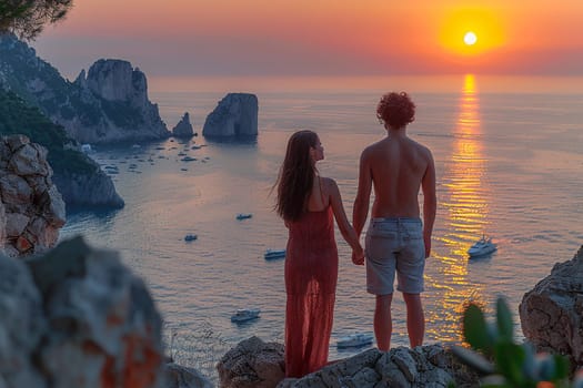 Silhouetted couple watches sunset on Capri, with vibrant skies and golden reflections along the rugged Mediterranean coastline