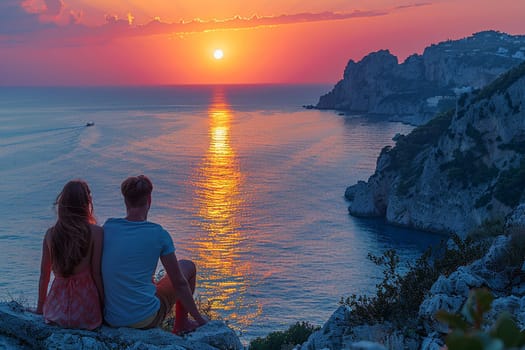 Silhouetted couple watches sunset on Capri, with vibrant skies and golden reflections along the rugged Mediterranean coastline