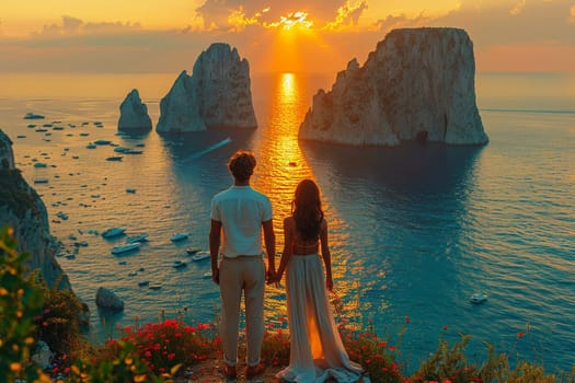 Silhouetted couple watches sunset on Capri, with vibrant skies and golden reflections along the rugged Mediterranean coastline