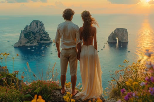 Silhouetted couple watches sunset on Capri, with vibrant skies and golden reflections along the rugged Mediterranean coastline