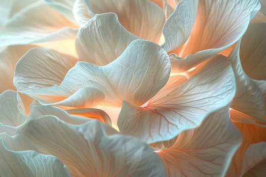 A close up of a flower with a white and pink hue. The flower is surrounded by a lot of white and pink petals, creating a beautiful and serene atmosphere