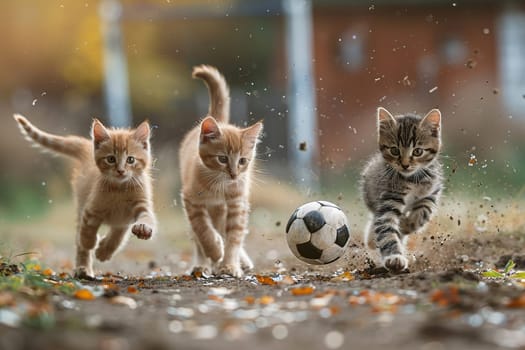 Three tabby cats playing soccer with an orange ball on juicy green lawn