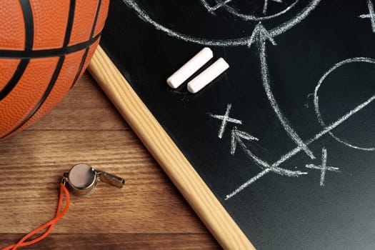 Basketball ball with chalkboard strategy planning close up photo