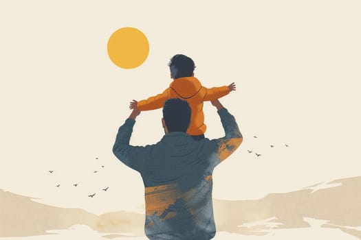 A man is holding a child in his arms. The child is wearing a yellow jacket. The sky is blue and the sun is shining brightly