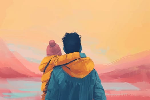 A man and a child are hugging in front of a mountain. The man is wearing a yellow jacket and the child is wearing a pink hat. Concept of warmth and love between the two