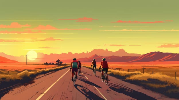 Bike touring adventure cartoon illustration - AI generated. Bike, road, people, sunset, desert.