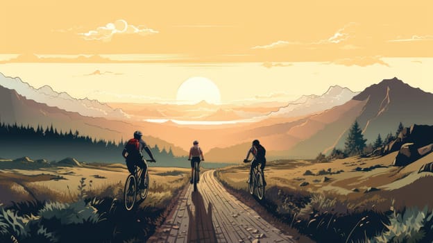 Bike touring adventure cartoon illustration - AI generated. Bike, road, people, sunset, desert.