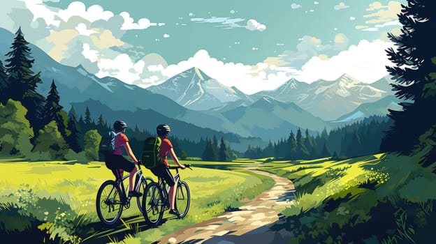 Bike touring adventure cartoon illustration - AI generated. Bike, road, people, sunset, desert.