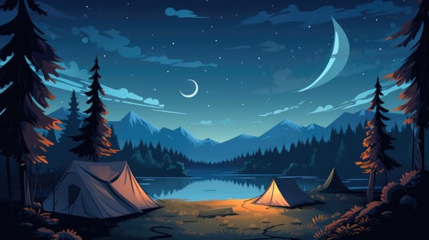 Camping under the stars cartoon illustration - AI generated. Lake, night, pines, stars, tent.