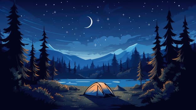 Camping under the stars cartoon illustration - AI generated. Lake, night, pines, stars, tent.