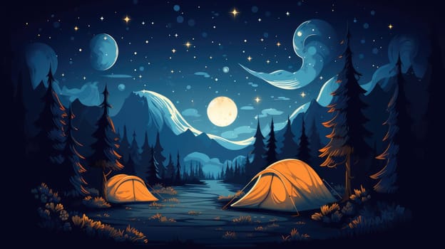 Camping under the stars cartoon illustration - AI generated. Lake, night, pines, stars, tent.