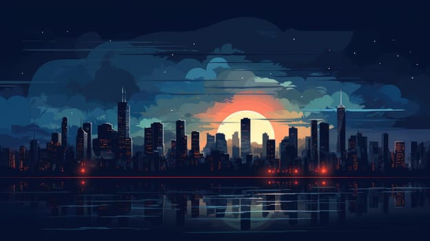 City skylines cartoon illustration - AI generated. Night, skyscraper, cityscape, moon, water.