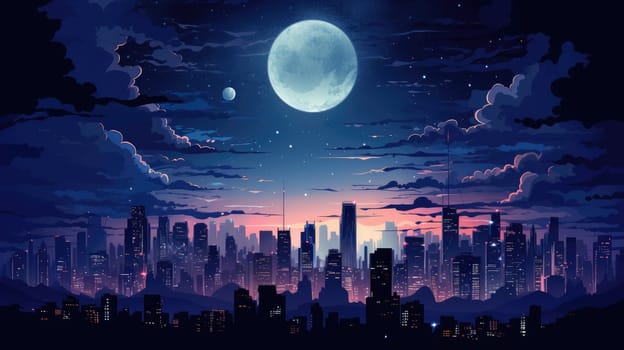 City skylines cartoon illustration - AI generated. Night, skyscraper, cityscape, moon, water.