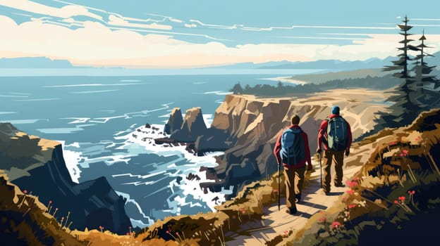 Coastal cliff cartoon illustration - AI generated. Coast, cliff, water, people, trekking.