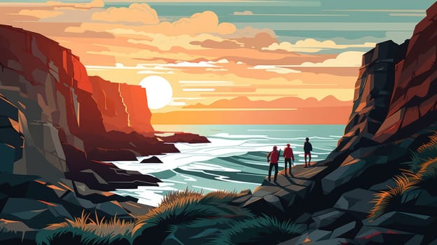 Coastal cliff cartoon illustration - AI generated. Coast, cliff, water, people, trekking.