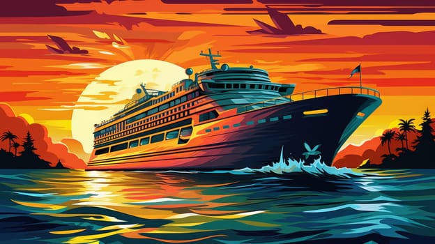 Cruise into the sunset cartoon illustration - AI generated. Sunset, cruise, ship, ocean.