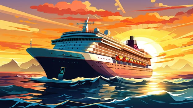 Cruise into the sunset cartoon illustration - AI generated. Sunset, cruise, ship, ocean.