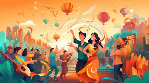 Cultural festival cartoon illustration - AI generated. People, festival, dance, sing.