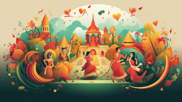 Cultural festival cartoon illustration - AI generated. People, festival, dance, sing.