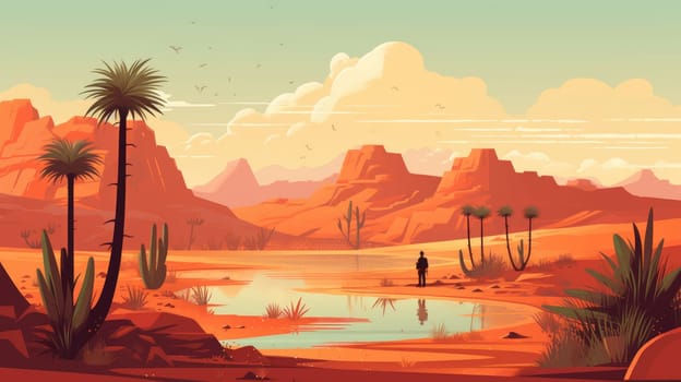 Desert oasis cartoon illustration - AI generated. Desert, oasis, sun, cliff, palm.