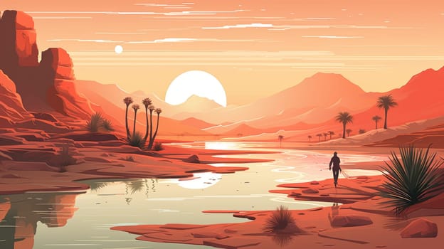 Desert oasis cartoon illustration - AI generated. Desert, oasis, sun, cliff, palm.