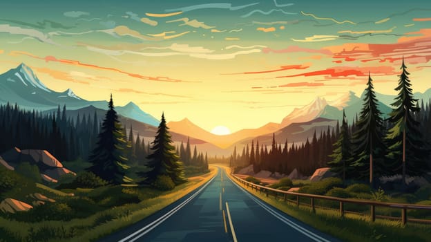 Epic road trip cartoon illustration - AI generated. Road, sunset, mountain, pines.