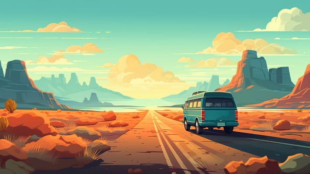 Epic road trip cartoon illustration - AI generated. Road, sunset, mountain, pines.