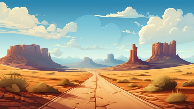 Epic road trip cartoon illustration - AI generated. Road, sunset, mountain, pines.