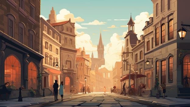 Historic city exploration cartoon illustration - AI generated. Historic, building, city, people.