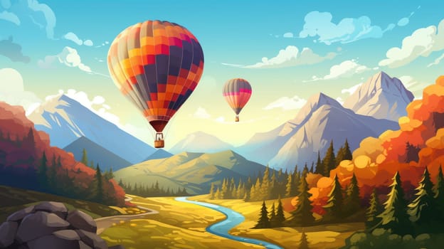 Hot air balloon expedition photo realistic illustration - AI generated. Air, balloon, expedition, cliff, river.