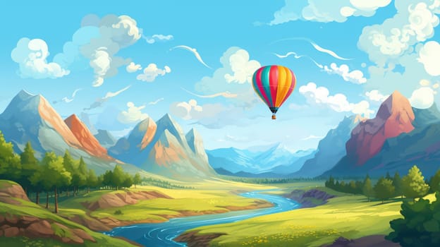 Hot air balloon expedition photo realistic illustration - AI generated. Air, balloon, expedition, cliff, river.