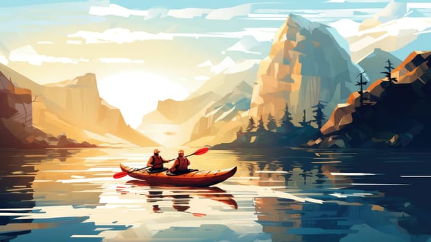 Kayaking expedition photo realistic illustration - AI generated. People, kayaking, cliff, river.