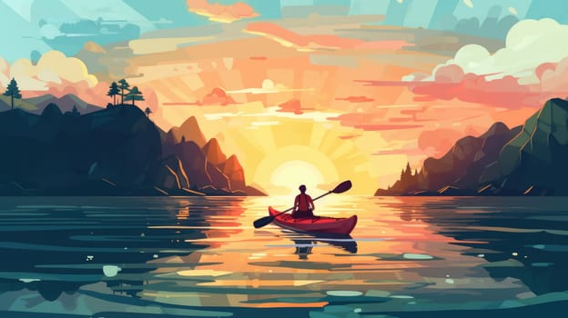 Kayaking expedition photo realistic illustration - AI generated. People, kayaking, cliff, river.