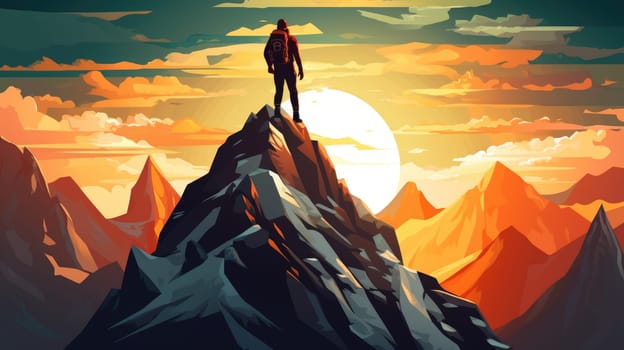 Mountain summit triumph photo realistic illustration - AI generated. Person, mountain, top, sunset.