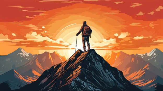 Mountain summit triumph photo realistic illustration - AI generated. Person, mountain, top, sunset.