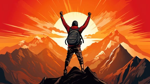 Mountain summit triumph photo realistic illustration - AI generated. Person, mountain, top, sunset.