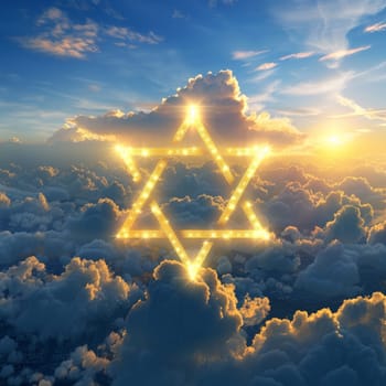 A star of David is lit up in the sky with clouds.