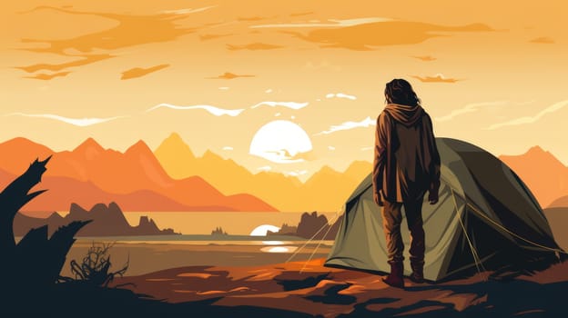 Nomadic lifestyle photo realistic illustration - AI generated. Desert, tent, person, sunset.