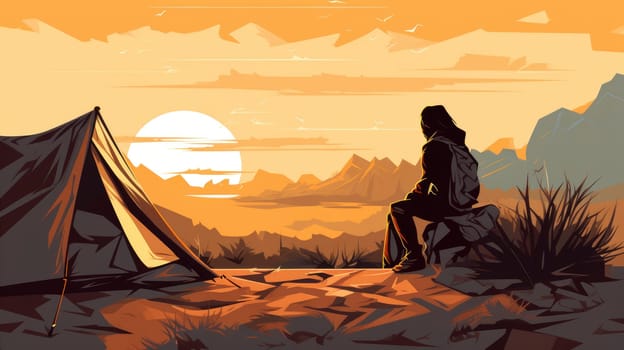 Nomadic lifestyle photo realistic illustration - AI generated. Desert, tent, person, sunset.