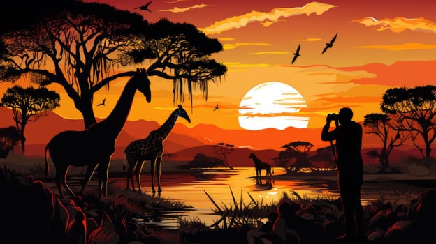 Photography safari photo realistic illustration - AI generated. Savannah, giraffe, photographer, sunset.