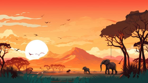 Safari adventure photo realistic illustration - AI generated. Savannah, elephants, tree, sunset.