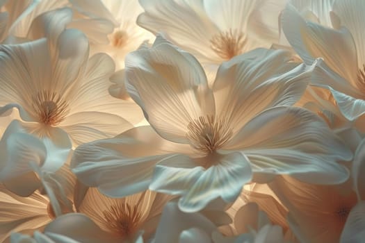 A close up of a bunch of white flowers. The flowers are arranged in a way that they look like they are in a vase. The image has a serene and calming mood, as the white flowers are the main focus