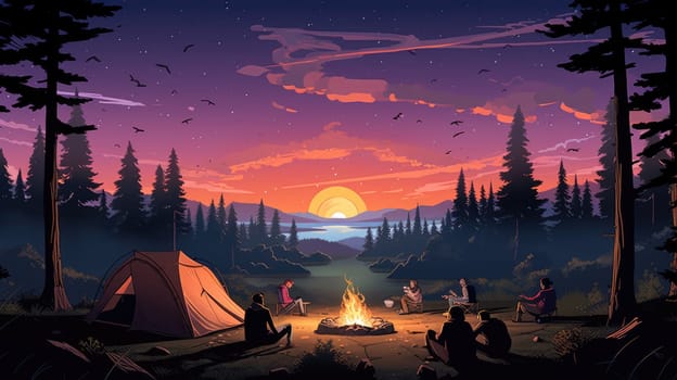 Starlit camping photo realistic illustration - AI generated. Bonfire, night, pines, stars, tent.