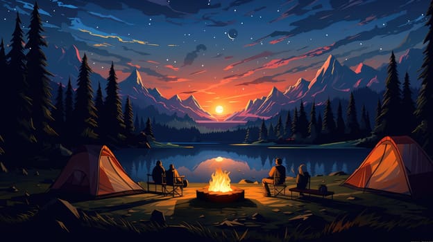Starlit camping photo realistic illustration - AI generated. Bonfire, night, pines, stars, tent.