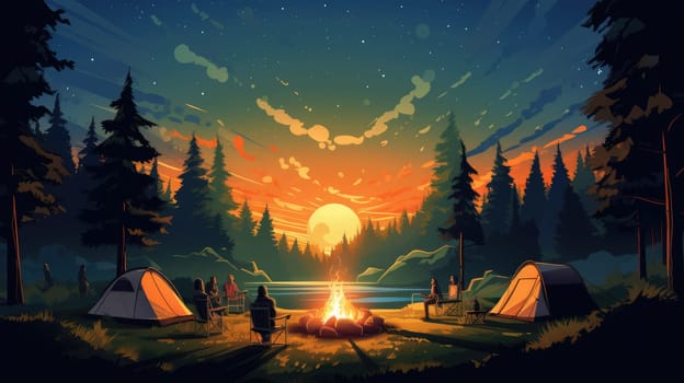 Starlit camping photo realistic illustration - AI generated. Bonfire, night, pines, stars, tent.