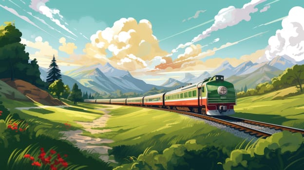 Train journey photo realistic illustration - AI generated. Train, tree, mountain, clouds.