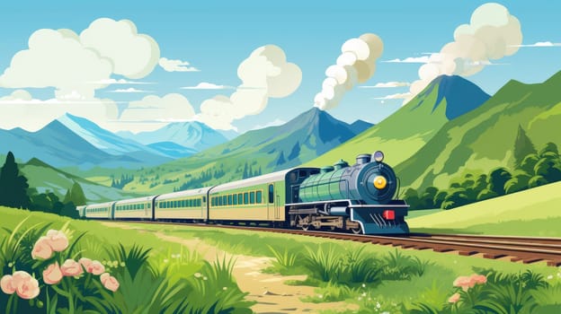 Train journey photo realistic illustration - AI generated. Train, tree, mountain, clouds.