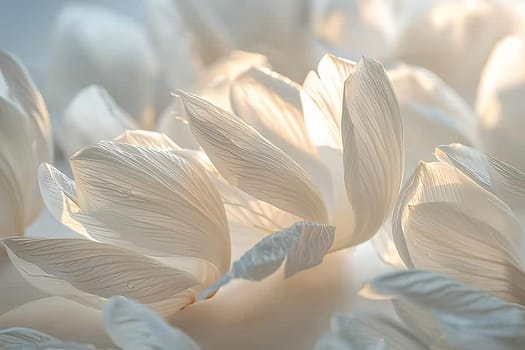 A close up of white flowers with a light shining on them. The flowers are delicate and seem to be floating in the air. Scene is serene and peaceful, as the flowers are the main focus